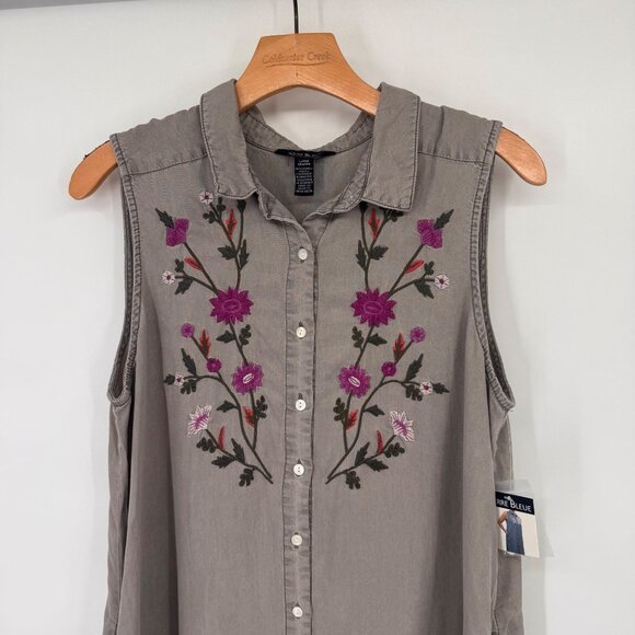 TERRE BLEUE Sleeveless Floral Embroidered Lyocell Shirt Dress Gray Size Large - Picture 6 of 13